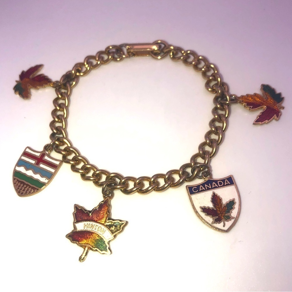 VTG Gold Tone Charm Bracelet Enamel Charms Canada Alberta 7”
